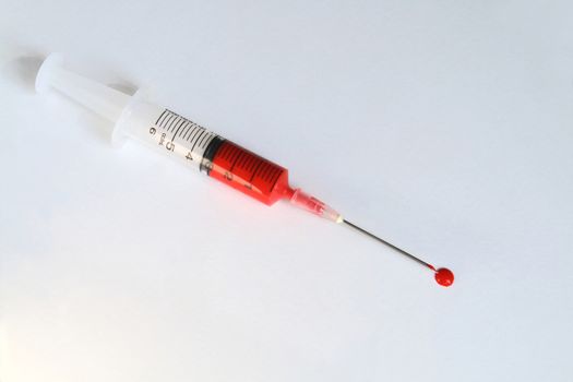 Red liquid in the syringe and drop on white ground.