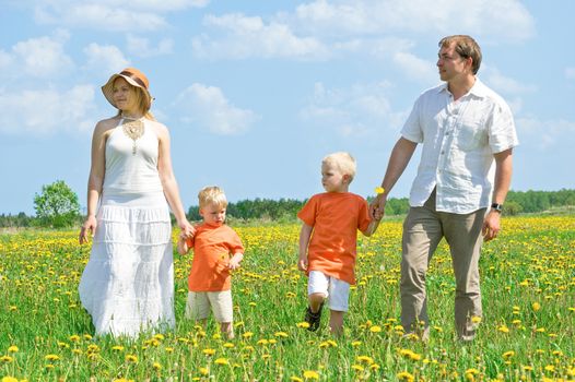 Happy family walking on meadow on sunny day