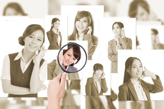 Concept of human resources, choose the right person from the people screen wall.