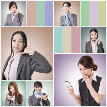 Collection of Asian business woman talk and listen, concept about connect, social media, group, speak etc.