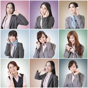 Collection of Asian business woman talk and listen, concept about connect, social media, group, speak etc.