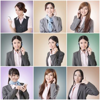 Collection of Asian business woman talk and listen, concept about connect, social media, group, speak etc.