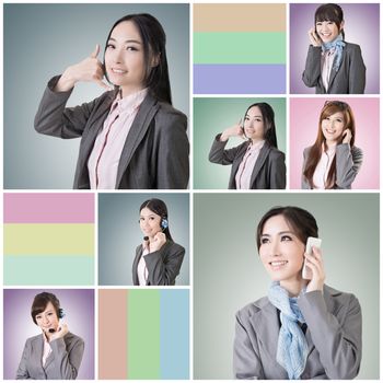 Collection of Asian business woman talk and listen, concept about connect, social media, group, speak etc.