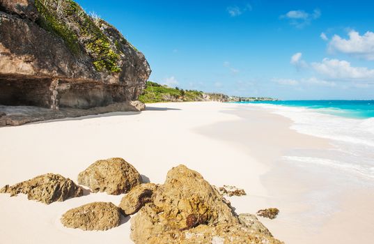 Crane Beach is one of the most beautiful beaches on the Caribbean island of Barbados. It is a tropical paradise with a white sand, turquoiuse sea and surrounding rocks