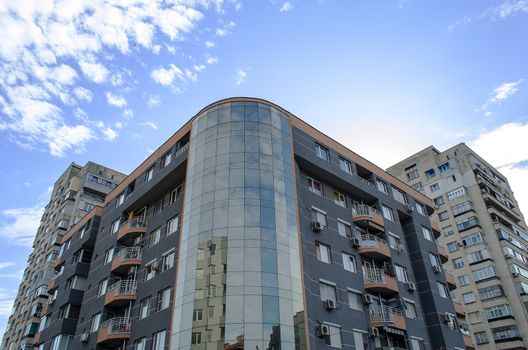 Exterior of glass residential building sunrise view