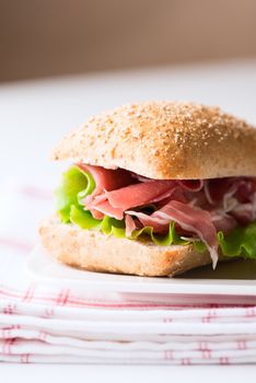 Prosciutto sandwich on plate close up. Selective focus, shallow DOF