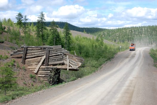 Gravel road Kolyma to Magadan highway at Yakutia, Russia