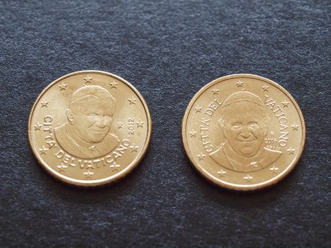 Fifty euro cent coins (EUR) bearing the portrait of Pope emeritus Benedict XVI and Pope Francis I