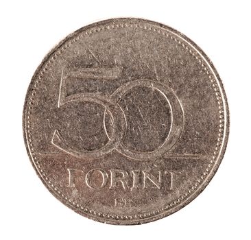50 Hungarian forints coin on white background