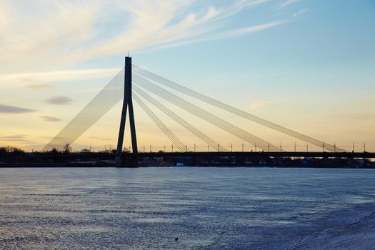 Bridge in Riga over the frozen Daugava river