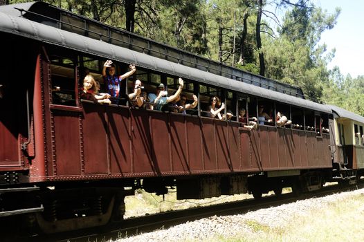 Little tourist steam train from Anduze going to Saint-Jean-du-Gard and just passed the viaduct Corbes