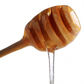 Honey dripping from a wooden honey dipper isolated on white background