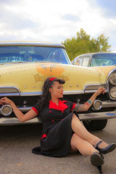 THORNCLIFF CALGARY CANADA, SEPT 13 2014: The annual Show and Shine with Pin Up Girls "Cars before 1964"