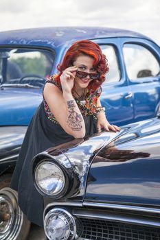 THORNCLIFF CALGARY CANADA, SEPT 13 2014: The annual Show and Shine with Pin Up Girls "Cars before 1964"