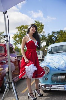 THORNCLIFF CALGARY CANADA, SEPT 13 2014: The annual Show and Shine with Pin Up Girls "Cars before 1964"