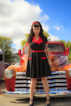 THORNCLIFF CALGARY CANADA, SEPT 13 2014: The annual Show and Shine with Pin Up Girls "Cars before 1964"