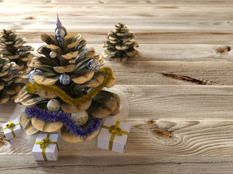 Christmas cone with gifts on wood texture concept holiday background