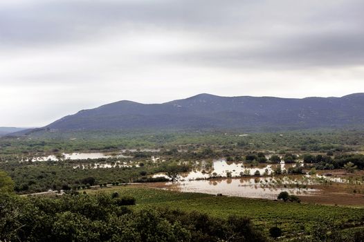 Country landscape flooded after heavy rains in Saint-Hippolyte-du-Fort, a small French town in the foothills of the Cevennes Gard.