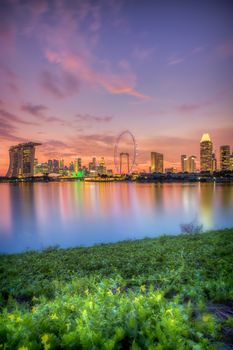 View of Singapore city skyline at sunset