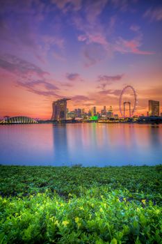 View of Singapore city skyline at sunset