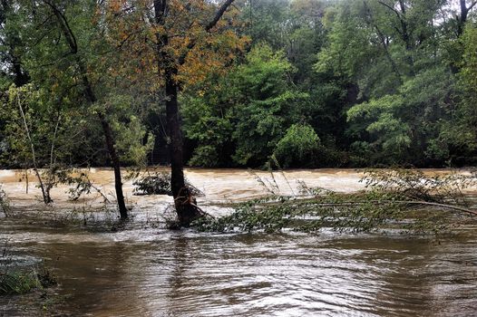 The Vidourle river in flood after heavy rains in France located in the Gard department in the foothills of the Cevennes.