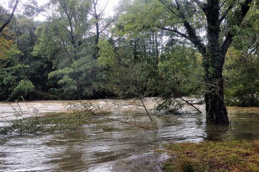 The Vidourle river in flood after heavy rains in France located in the Gard department in the foothills of the Cevennes.