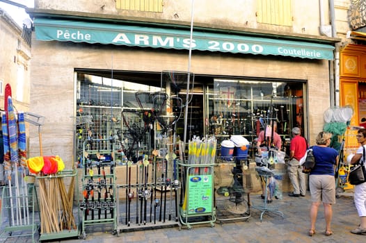 Shop Item fishing in Aigues-Mortes street, Camargue in the south-east of France.