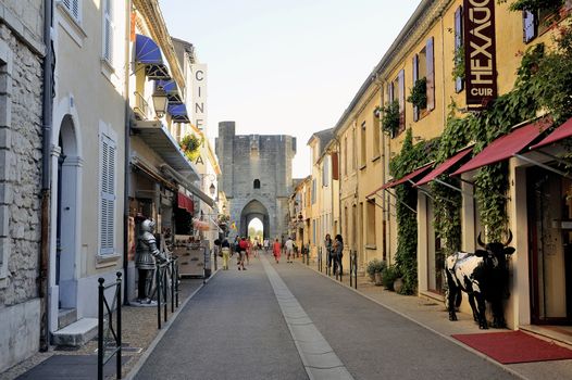 pedestrian shopping Aigues-Mortes in Camargue street in south-eastern France