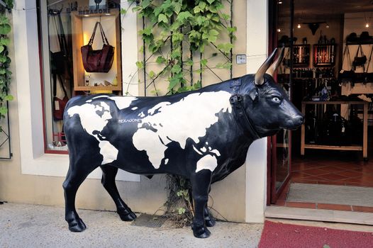 Bull before a leather Aigues-Mortes, Camargue in the south-east of France.