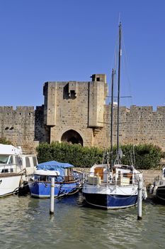 The marina of Aigues-Mortes in the background with the city walls.