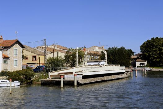 One of the latest mobile bridge in Europe in Aigues-Mortes in the heart of the Camargue in the south-east of France.