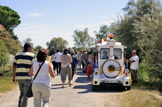 Tourists leave after their visit to the Camargue horses and the little train back to resume their walk.