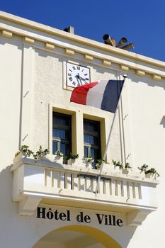 facade of the town hall of the French town of Saintes-Maries-de-la-Mer in the Camargue region.