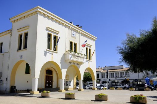 facade of the town hall of the French town of Saintes-Maries-de-la-Mer in the Camargue region.