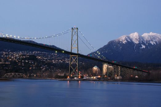 Night scene of downtown Vancouver in Stanley Park