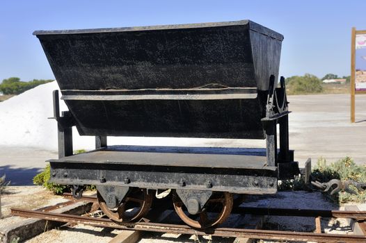 wagon once used saline Aigues-Mortes to transport salt and now on display for tourists who visit the business.