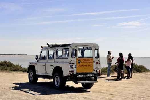 Tourists visiting the Camargue 4x4 with a guide to explain the area and wildlife such as flamingos.