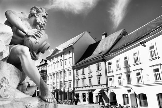Three Carniolan Rivers Fountain of Robba fountain in the center of Ljubljana, Slovenia in front of the City Hall in Ljubljana. It was designed by the architect Francesco Robba in 18th century. 