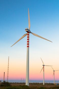 Group of windmills for renewable electric energy production. Eco power, wind turbines.