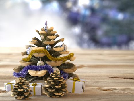 Christmas cone with gifts on wood texture concept holiday background