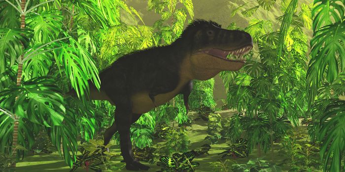 Thick jungle foliage hides a large Tyrannosaurus Rex dinosaur as he hunts for prey.