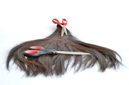 Pieces of hair cut with two red scissors