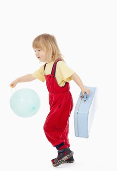 boy with long blond hair and suitcase isolated on white