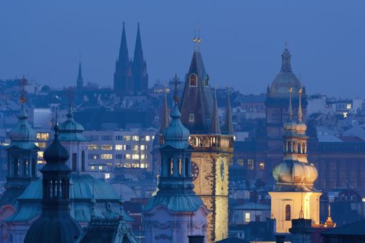 czech republic, prague - towers of the old town and national musem at dusk