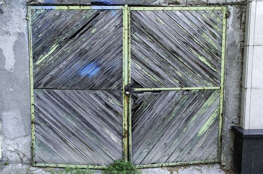 old weathered wooden garage door