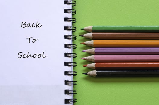 Colorful pencil crayons on a green background, back to school