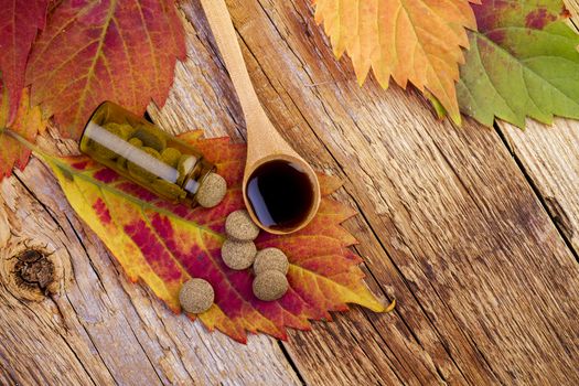 medicine bottle, pills on leaf and syrup in wooden spoon on wooden background