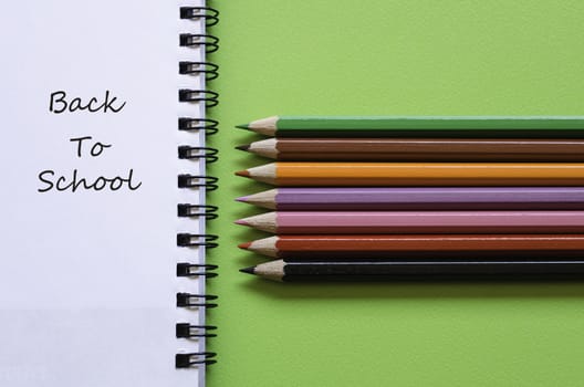 Colorful pencil crayons on a green background, back to school