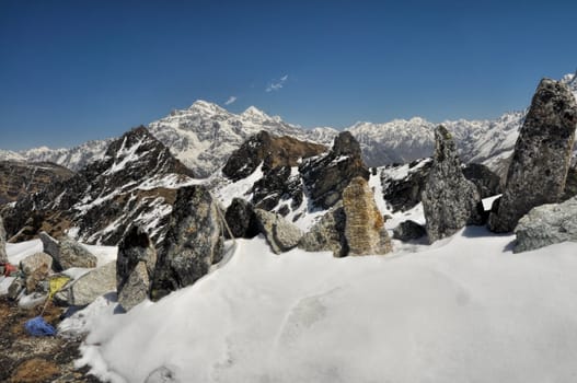 Panoramic view of mountains peaks in Kangchenjunga