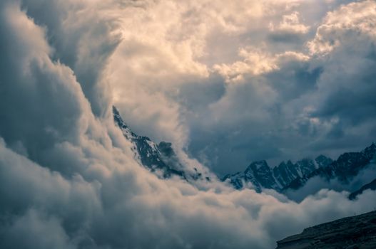 Amazing storm over Kangchenjunga mountains in Nepal